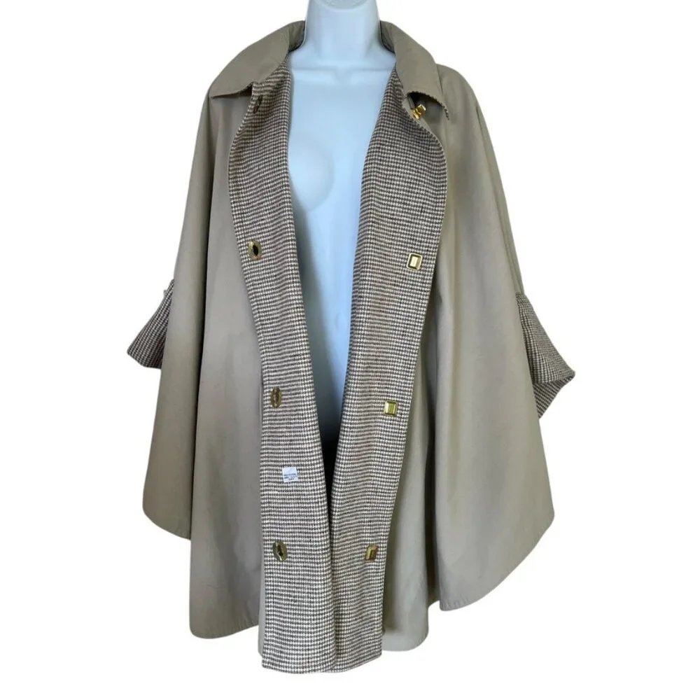 Bonnie Cashin cape khaki cream plaid wool lined waist tie turnlock closure coat